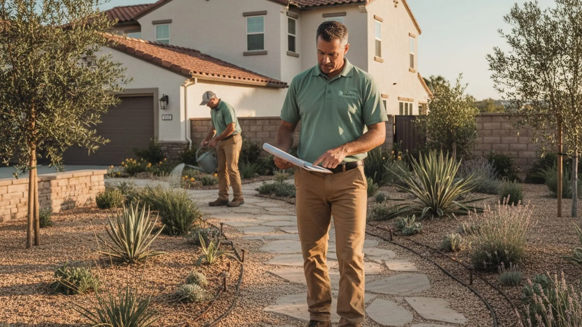 A landscaper reviewing a plan outside a San Diego home