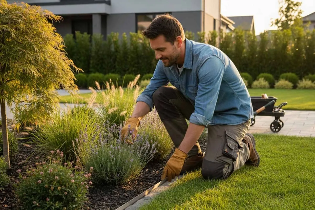 Landscaper planting a garden bed at golden hour